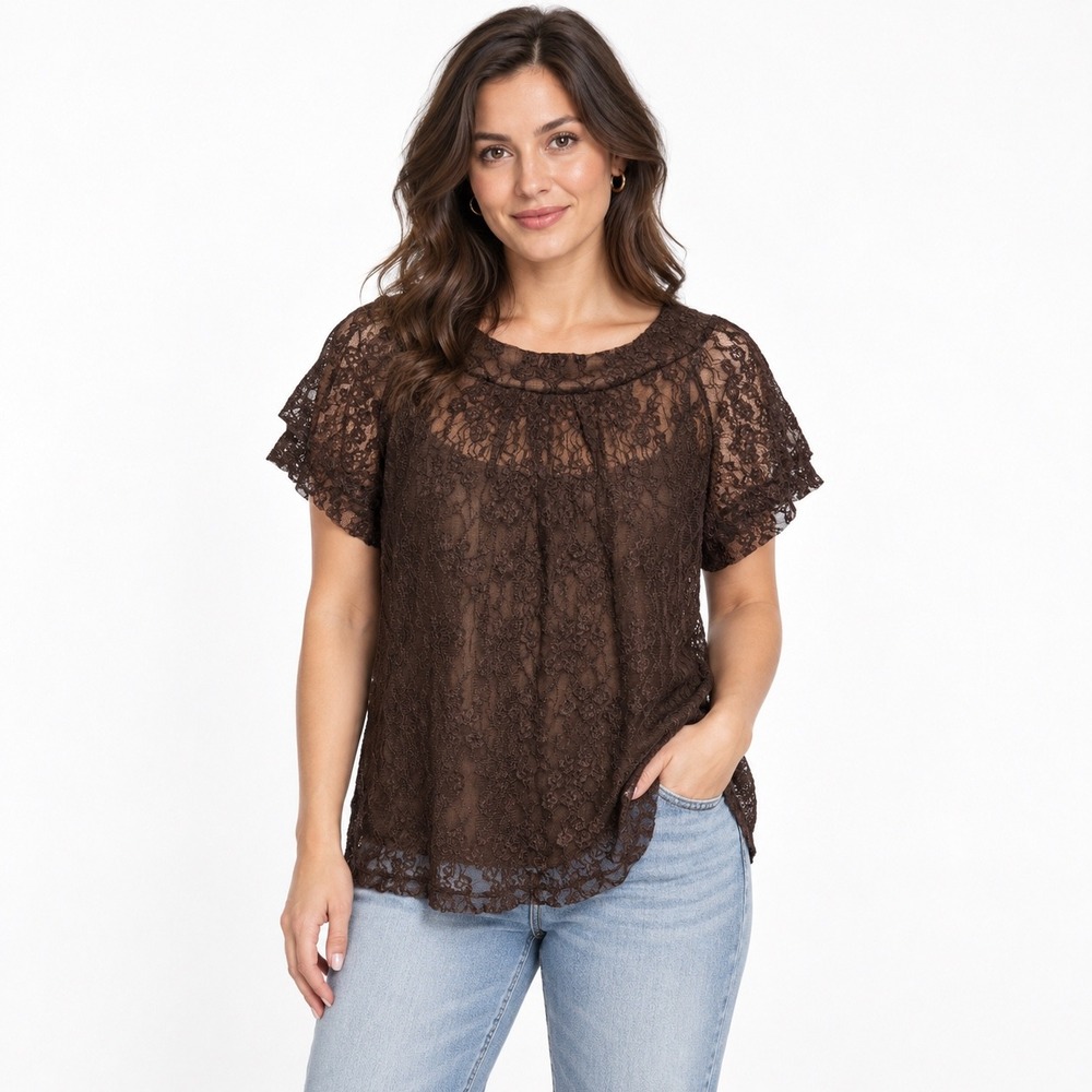 Lane Bryant Blouse 14/16 Brown Floral Lace Metallic Shimmer Keyhole Back